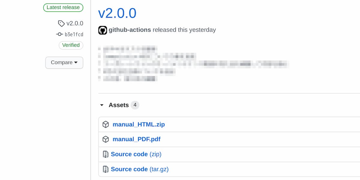 GitHubのリリースページに「v2.0.0」という名前のリリースが「github-actions」というユーザによって作られている。Assetsには「manual_HTML.zip」と「manual_PDF.pdf」の2つが保存されている。